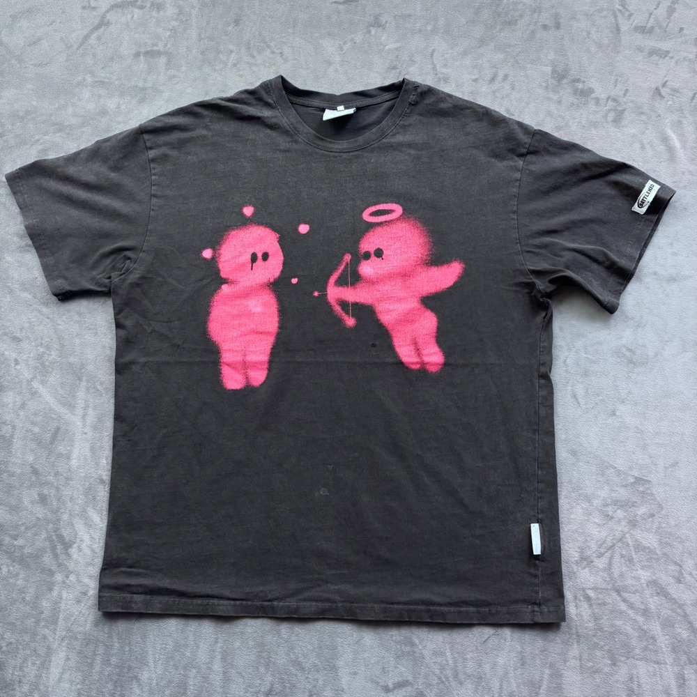 Battle Kid Pink Cupid Spray Paint Graphic Tee Washed Black Streetwear XL